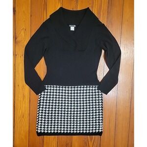 Venus Black White Houndstooth Sweater Dress Long Sleeve Knit Dress Chic Medium